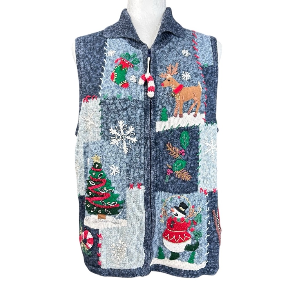 Vintage Christmas Sweater Vest L Santa Candy Canes Reindeer Snowflakes Festive
